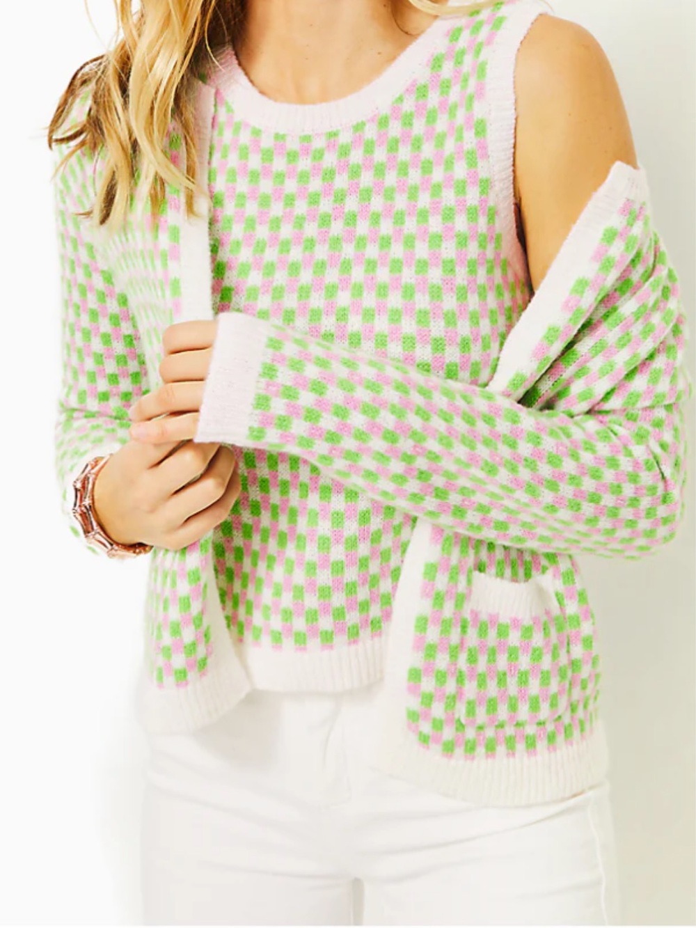 Lilly Pulitzer VIERA SWEATER SET ORB GREEN, PINK & WHITE CHECK JACQUARD SIZE XL
